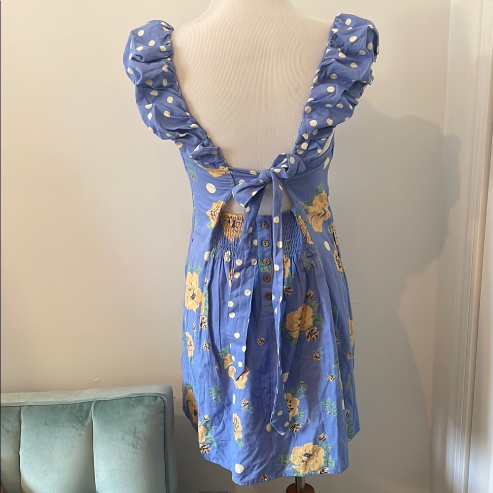 Free People Blue Polka Dot & Yellow Floral Mini Dress size Large - Picture 2 of 6